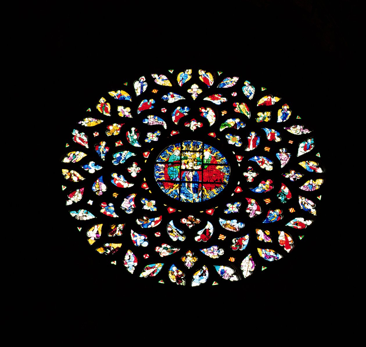 Růžové okno zobrazující Nanebevzetí Panny Marie, kolem roku 1460 od Spanish School