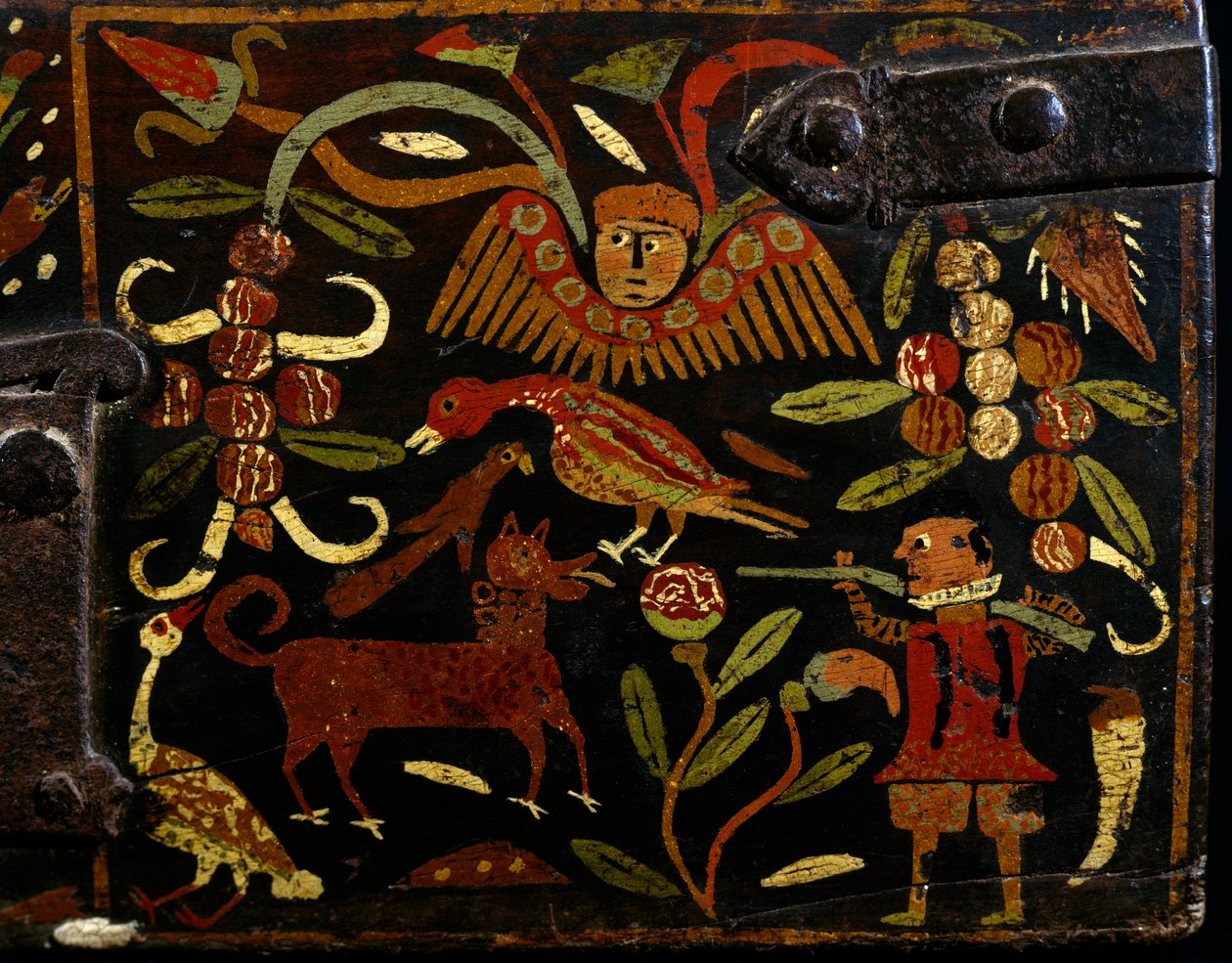 Scéna zobrazující španělského lovce a indické motivy, detail z malovaného dřevěného kmene, koloniální období, španělský původ, Bolívie od Spanish School