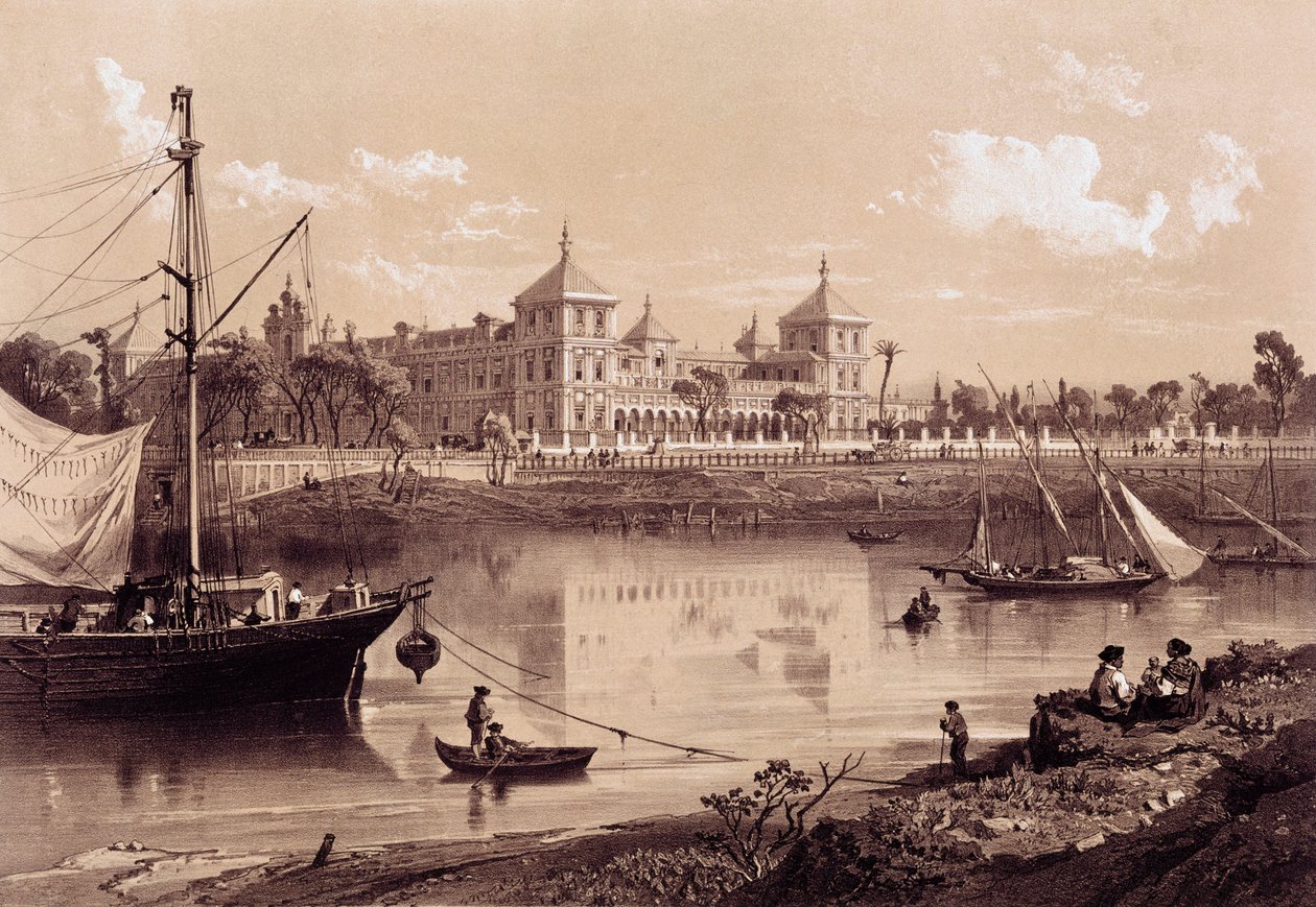Sevilla, palác San Telmo na břehu řeky Guadalquivir. Andalusie, Španělsko (19. století). Madrid, Národní knihovna. od Spanish School