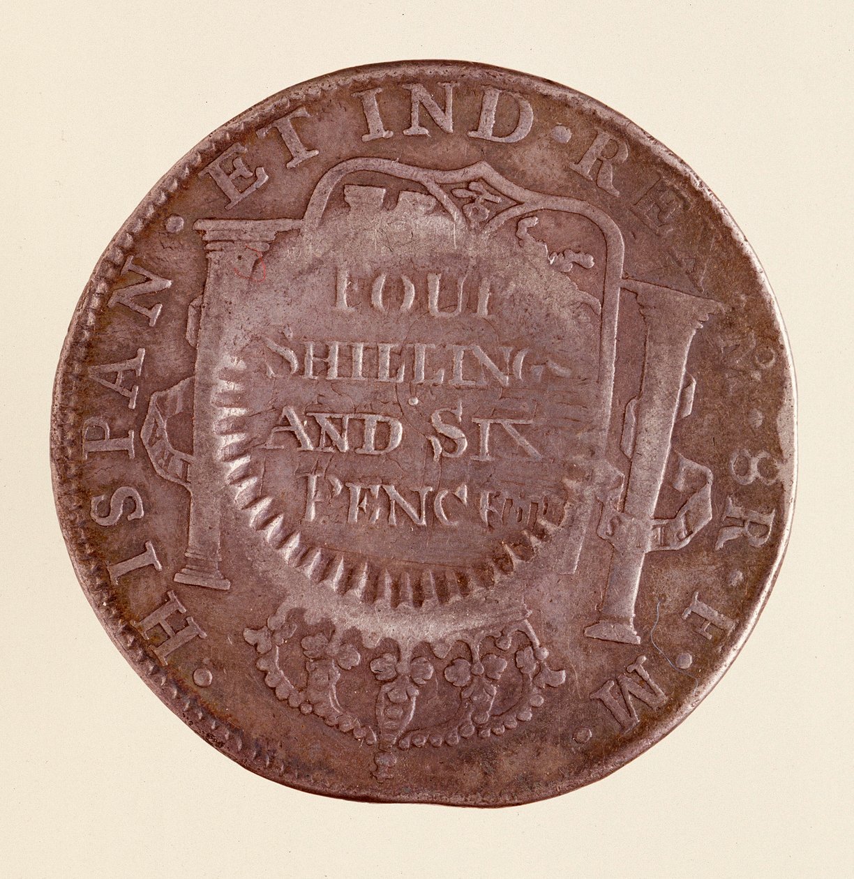 Stříbrná mince (8 realů) ze Španělska: vláda Karla III. (1759-1788). 1777 s kontramarkou 1787. Prům. 3,9 cm Neapol, museo archeologico od Spanish School