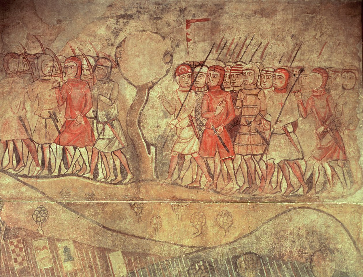 Vojáci z armády krále Jakuba I. (1208-76) skupina pěšáků s luky a kopími, detail z nástěnné malby z bývalého Palacio Reale, Barcelona (nástěnná malba) od Spanish School