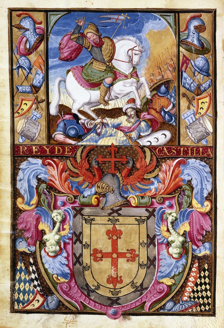 St.James na bílém koni na koni přes mrtvoly Maurů a Erb rodu Gomezů, 1606 od Spanish School