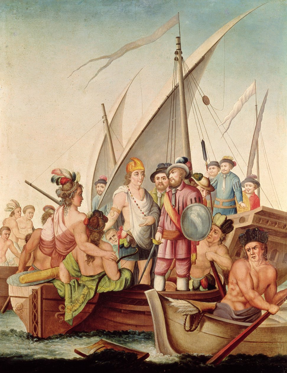 Příchod Hernanda Cortése (1485-1547) do Mexika od Spanish School