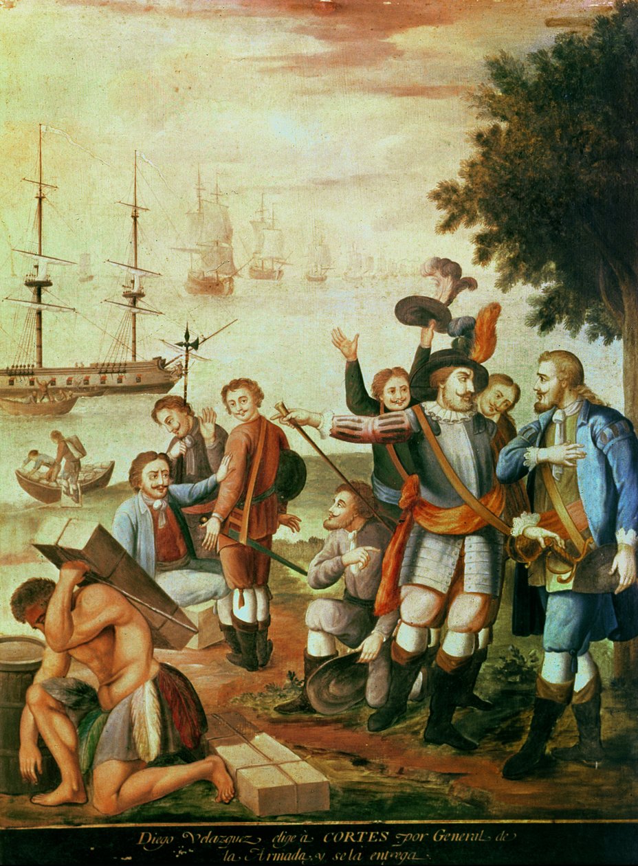 Dobytí Mexika: Diego Velasquez de Cuellar (1465-1524) volí Hernanda Cortese (1485-1547) jako generála armády a dává mu velení (olej na plátně) od Spanish School