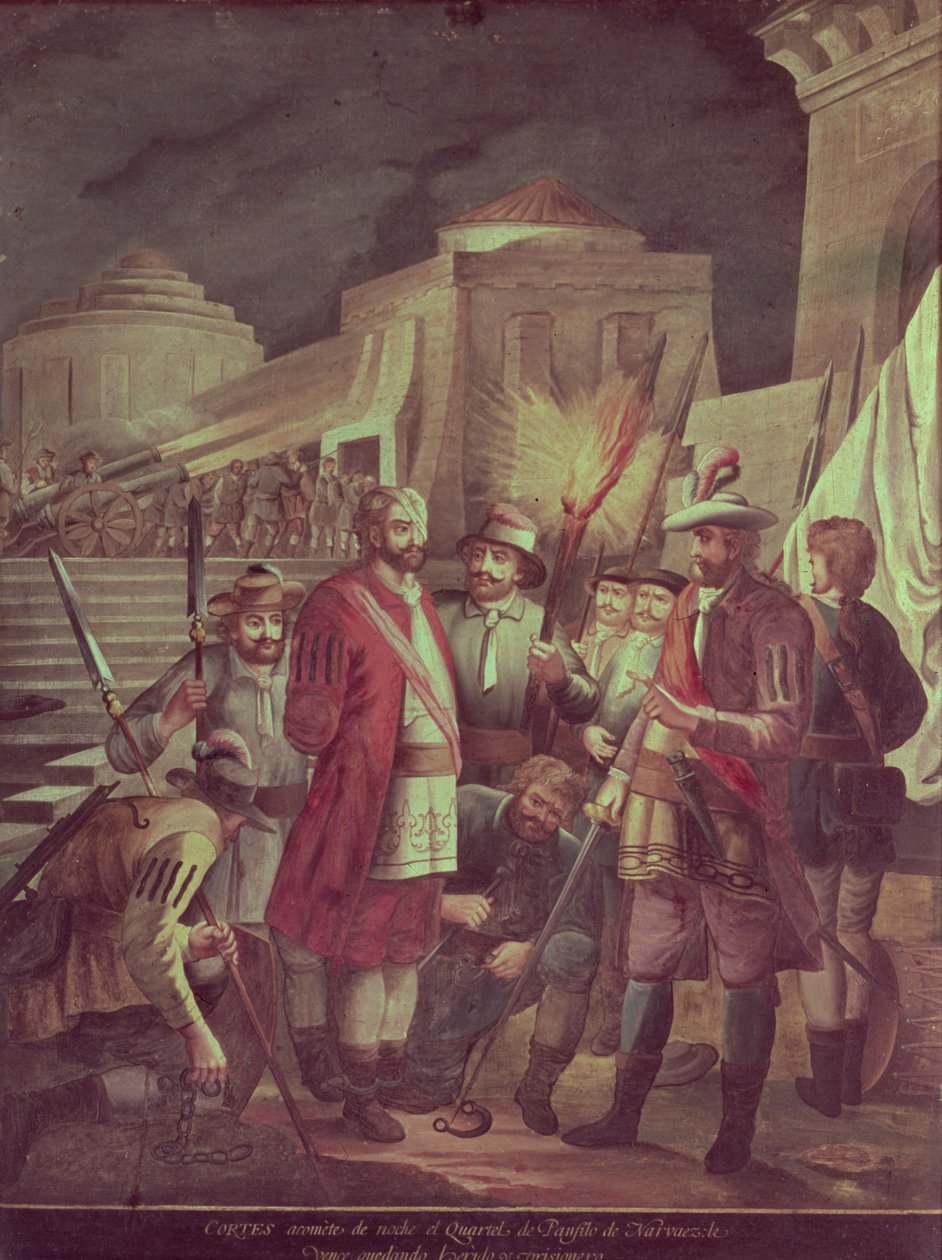 Dobytí Mexika: Hernando Cortes (1485-1547) útočí v noci na čtvrť Panfilo Narvaez (olej na plátně) od Spanish School