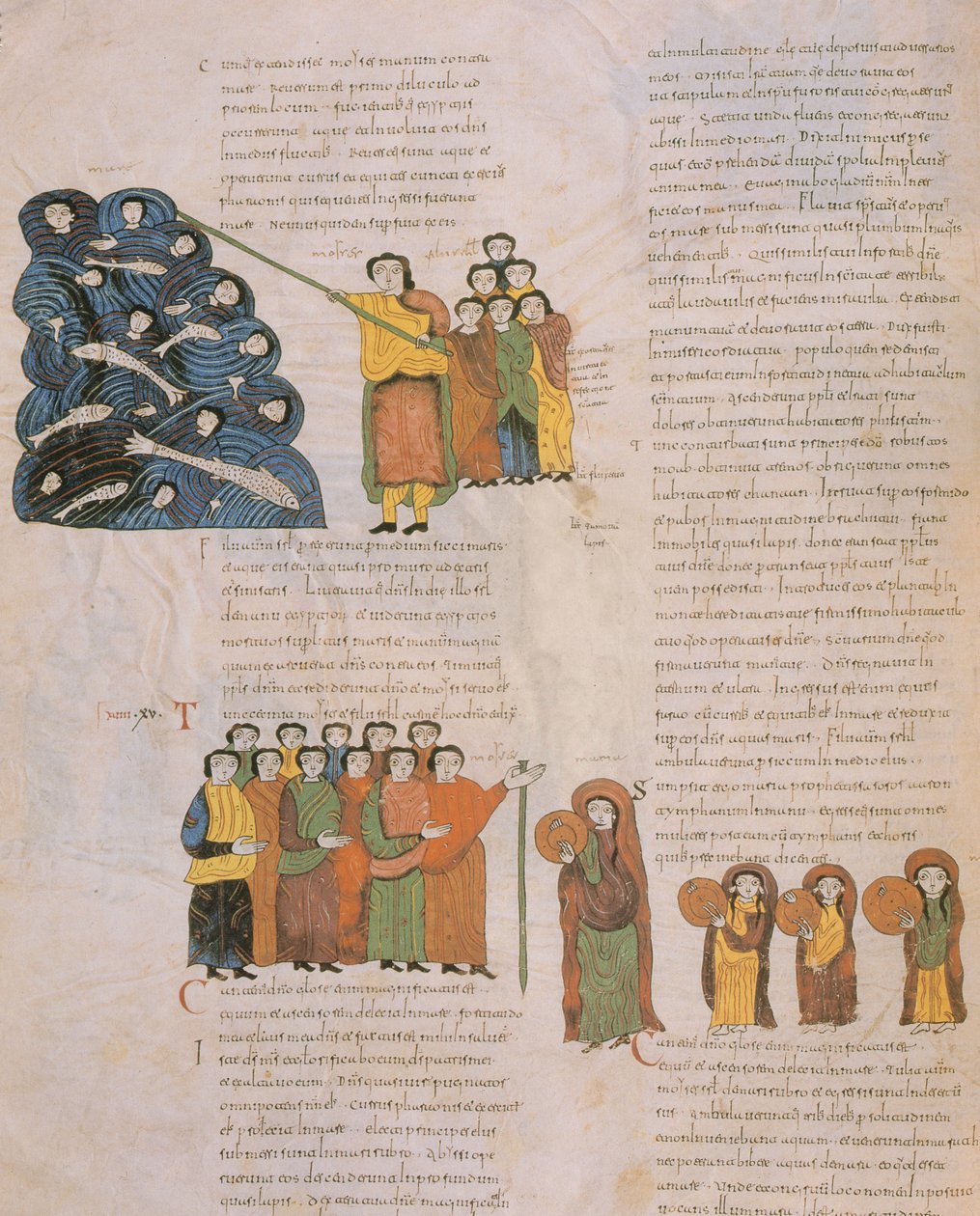 Přechod Rudého moře a tanec hebrejských žen za zvuku Mojžíšových tamburín a jeho doprovodů z Vizigótsko-mozarábské Bible svatého Isidora, fol. 39, n. l. 960 (tem. od Spanish School