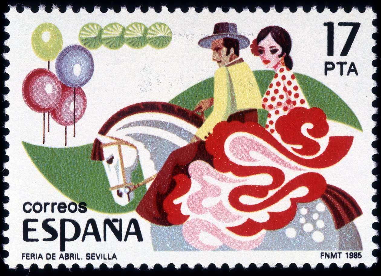 Feria ze Sevilly: pár v lidovém kroji na koni - španělské razítko od Spanish School