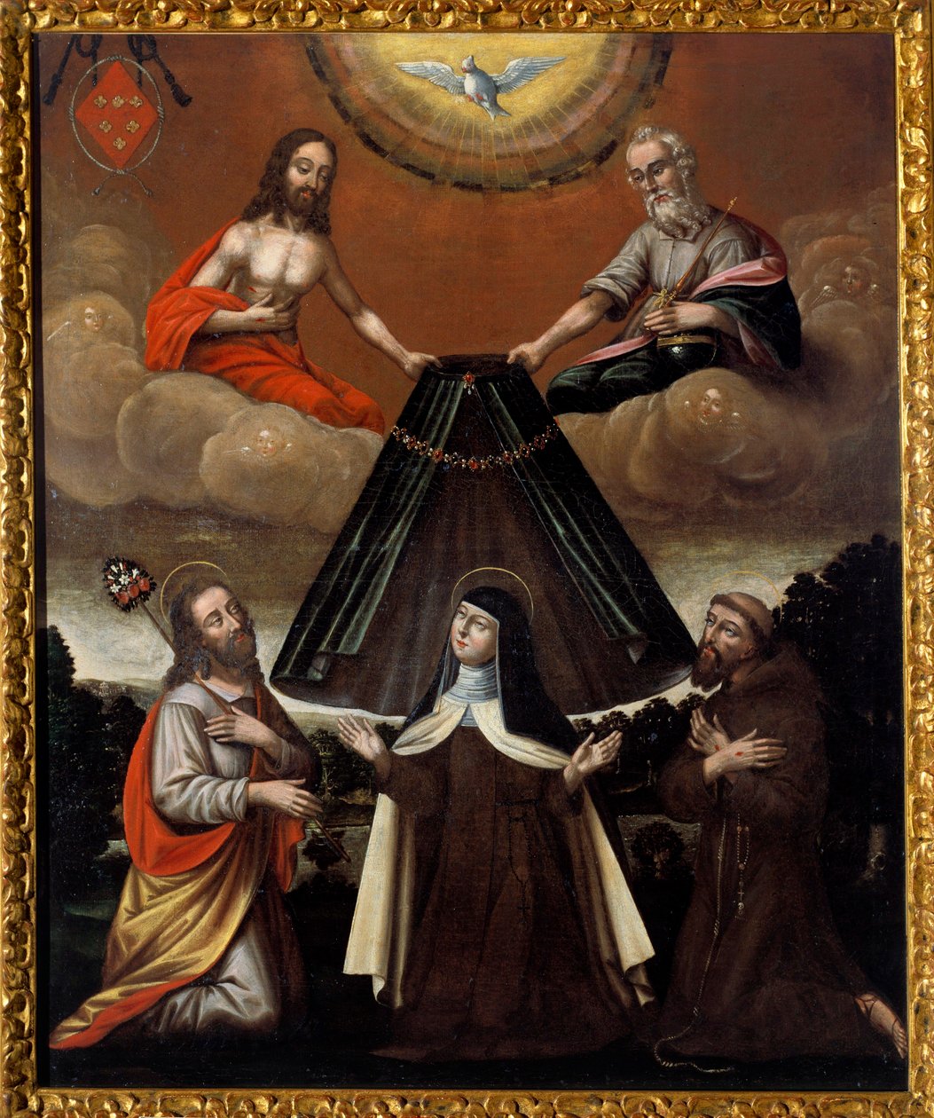 Nejsvětější Trojice držící plášť svaté Terezie z Avily, zvané také Terezie od Ježíše, reformátorka Karmelu (zemřela 1582). Malba španělské školy. 17. století. Saint Denis, Muzeum umění a historie od Spanish School