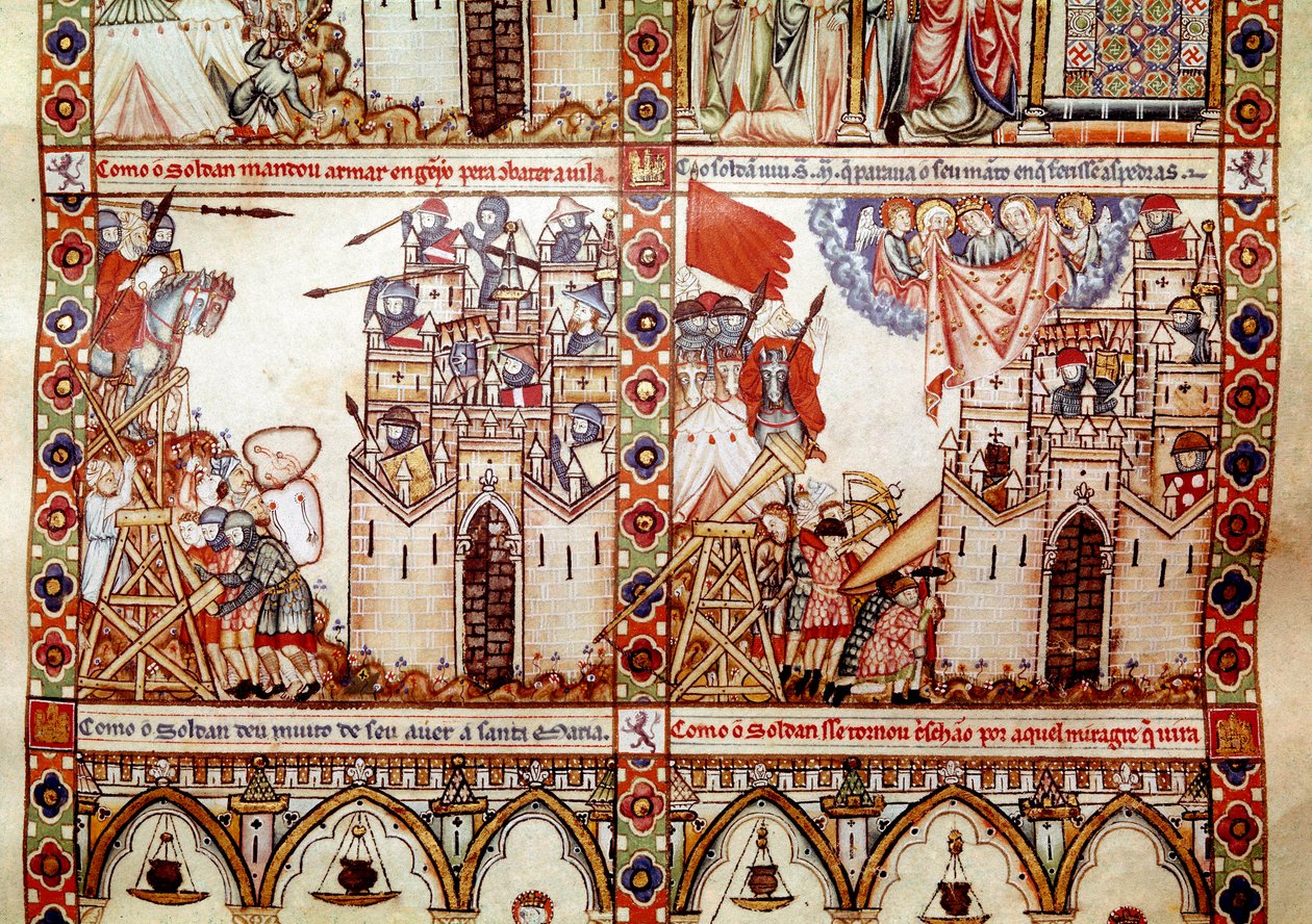 Saracéni oblehli křesťanské město Detail z jedné stránky převzatý z rukopisu Písně svaté Marie (Cantigas de Santa Maria), zdobení miniatur zasvěcených svaté Marii a jejím zázrakům, sbírka písní redigových za vlády Alfonse od Spanish School