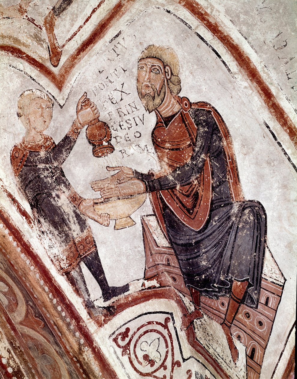 Cyklus měsíců: Pilát Pontský si myje ruce. Detail fresky z 12. století z královského panteonu Real Colegiata of San Isidoro (Royal Collegiale of Saint Isidore). Leon. Španělsko od Spanish School
