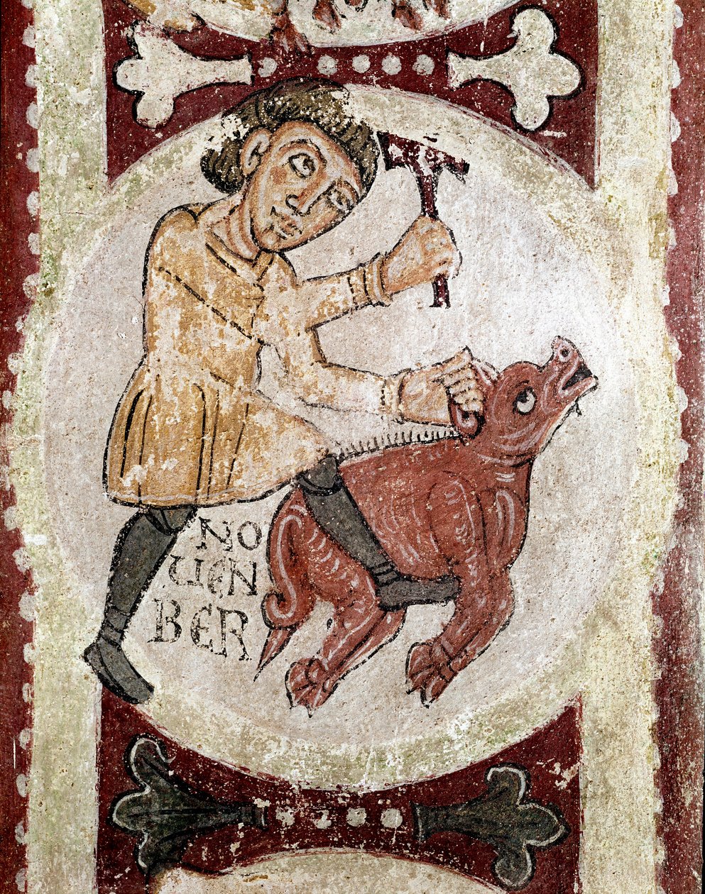 Cyklus měsíců: listopad (poražené prase). Detail fresky z 12. století z královského panteonu Real Colegiata of San Isidoro (Royal Collegiale of Saint Isidore). Leon. Španělsko od Spanish School