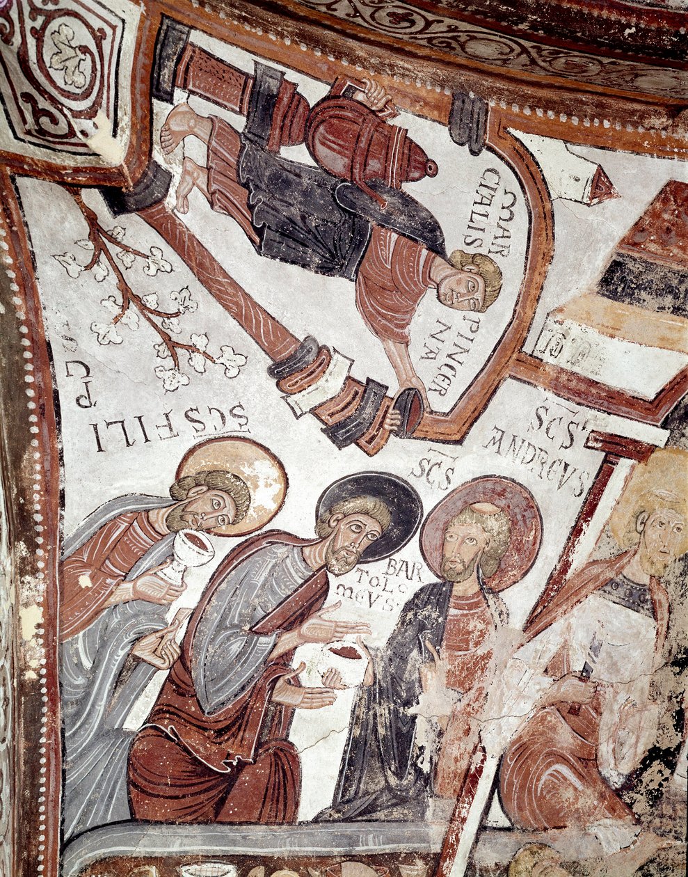 Cyklus měsíců: sluha nabízí nápoj apoštolům (sv. Andrej, sv. Bartoloměj a sv. Filip). Detail fresky z 12. století z královského panteonu Real Colegiata of San Isidoro (Royal Collegiale of Saint Isidore). Leon. Spai od Spanish School