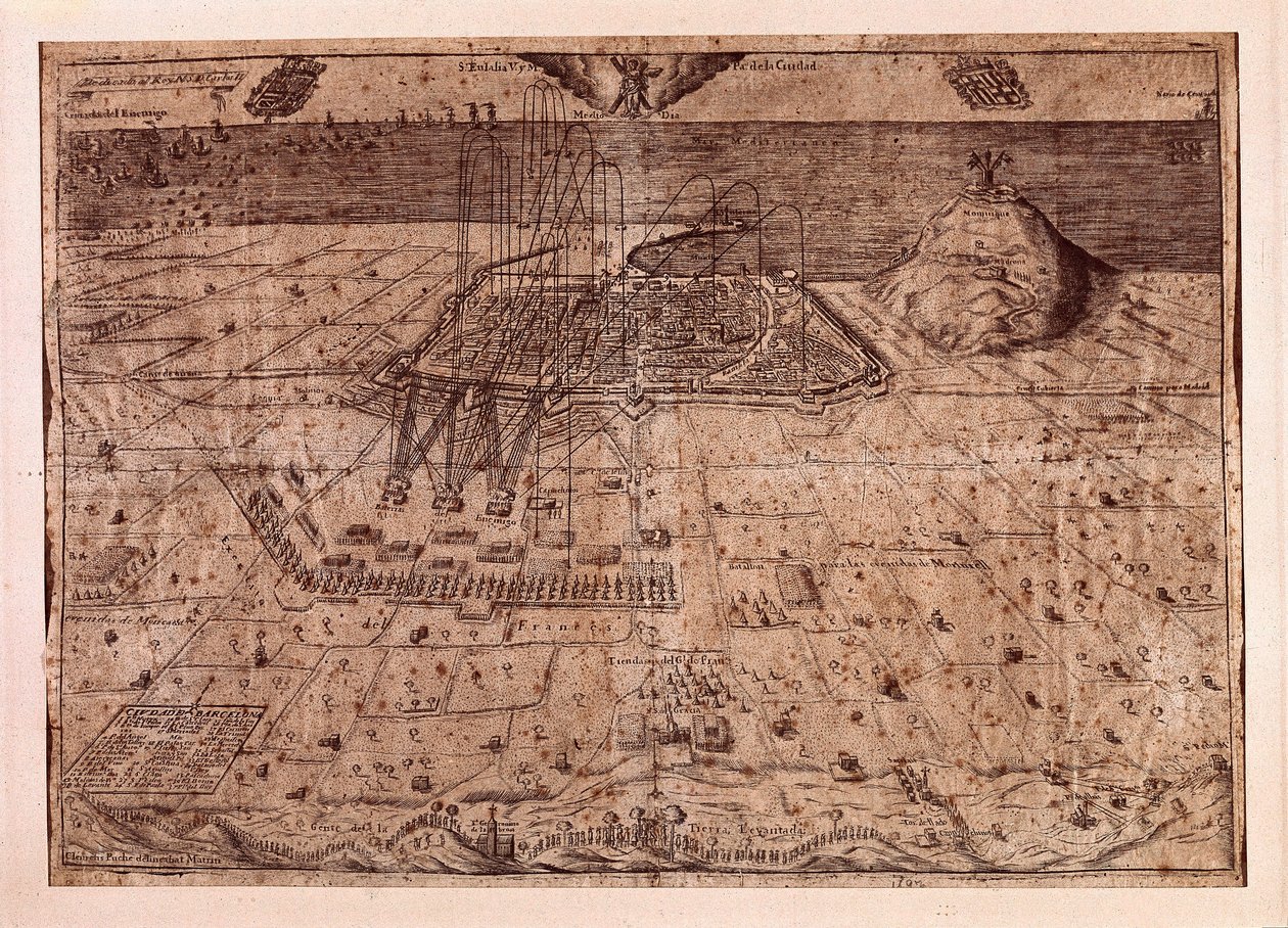 Zvednutí Katalánska nebo válka ženců (1640-1659), velitelství Barcelony po moři i po souši vojsky Filipa IV. Španělského (1605-1665). Rytina 1652. Muzeum historie města, Barcelona. od Spanish School