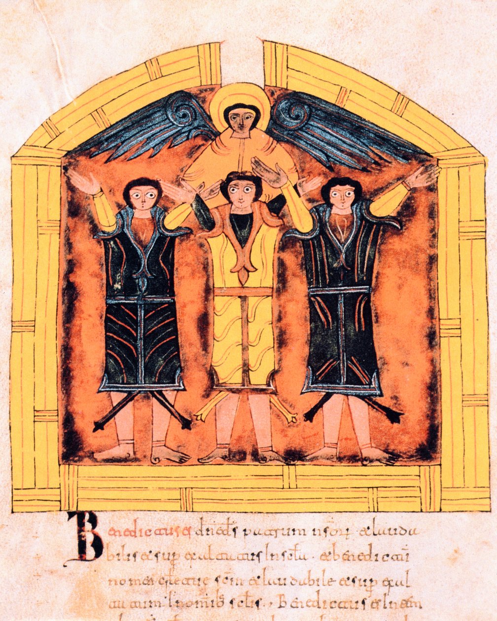 Tři Hebrejci, Šadrach, Mešach a Abednego vhození do pece Nebúkadnezarem, fol. 318v, z Vizigótsko-mozarabské Bible svatého Isidora, 960 n. l. (tempera na pergamenu) od Spanish School