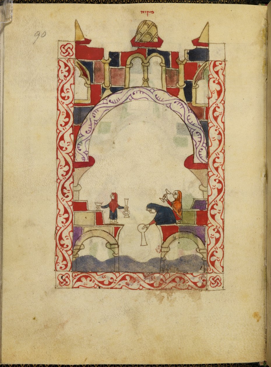 Tři ženy ponořující nádoby do bazénu. Iluminovaný rukopis hispanomorské Hagady, kolem 1300, Španělsko, Or. 2737, fol. 90 (vellum) od Spanish School