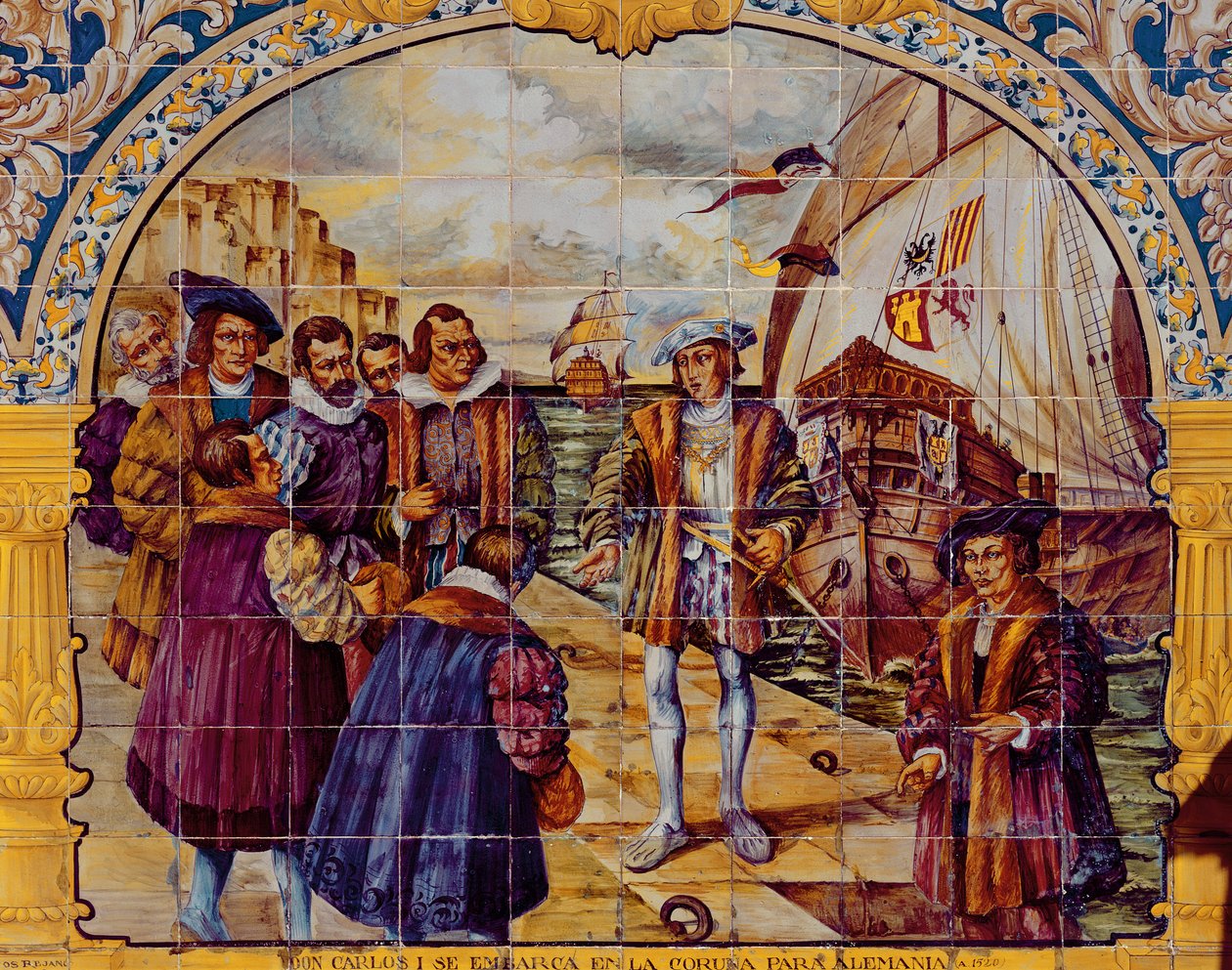 Dlaždice zobrazující španělského krále Karla I., který se připravuje na nalodění v roce 1520 z přístavu La Coruna, aby přijal své zvolení císařem Svaté říše římské (keramika) od Spanish School