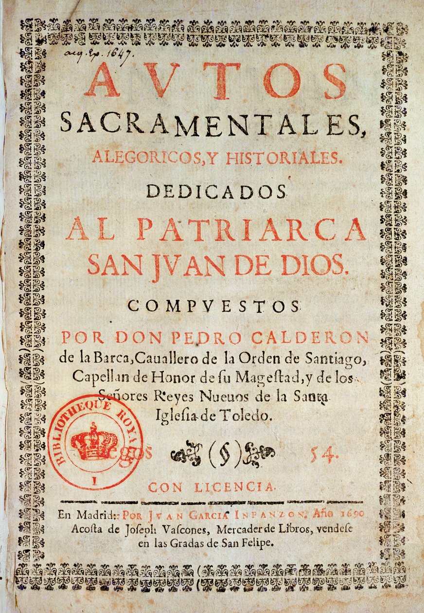 Titulní strana z Los Autos Sacramentales od Pedra Calderona de la Barca (1600-81) editoval Juan Garcia Infanzon, 1690 (tištěný papír) od Spanish School