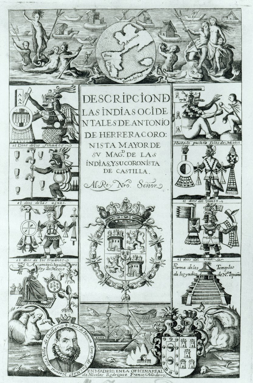 Titulní strana knihy Descripcion de las Indias Ocidentales od Antonia de Herrera y Tordesillas, madridské vydání, 1725 od Spanish School