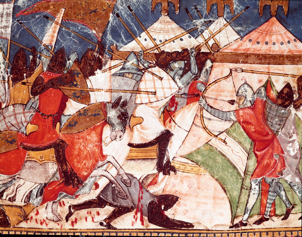 Trojská válka: Trojské koně napadají vojenský tábor řeckých válečníků. Detail miniatury ze španělského rukopisu „Codex Benito de Santa Mora““ od Spanish School