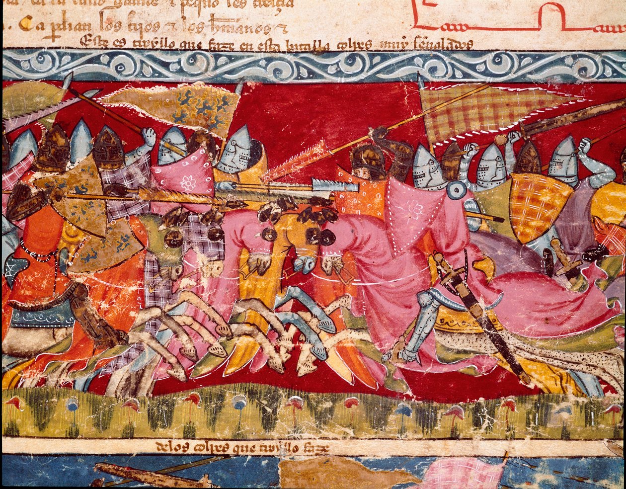 Trojská válka: bitva mezi Řeky a Trojany. Detail miniatury ze španělského rukopisu „Codex Benito de Santa Mora““ od Spanish School