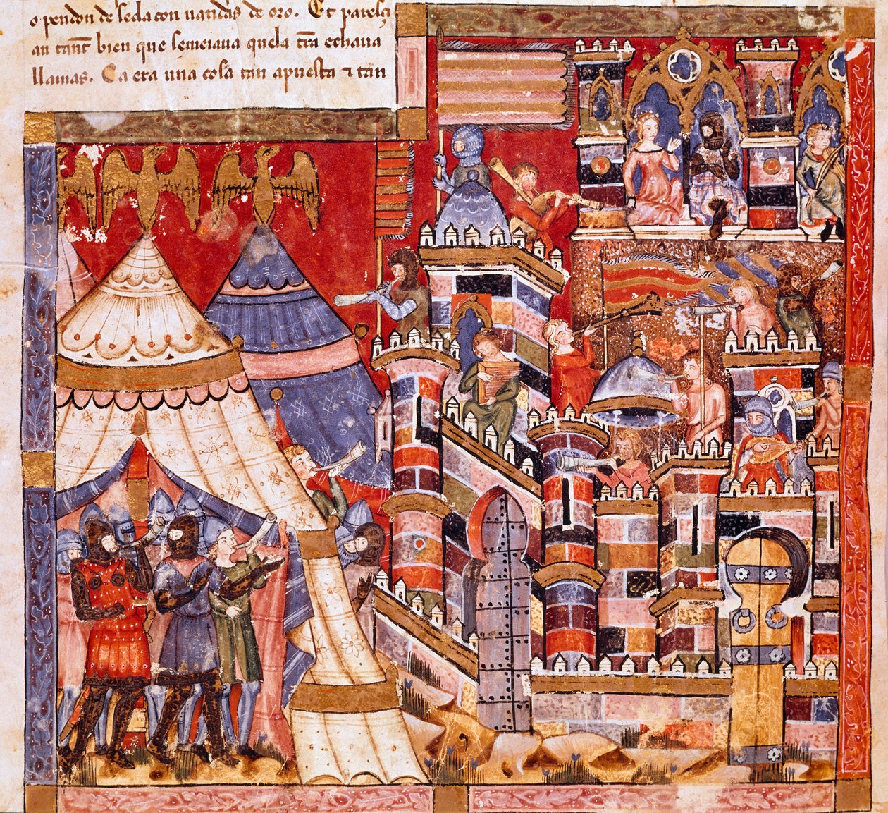 Trojská válka: město Trója a řecké ležení. Detail miniatury ze španělského rukopisu „Codex Benito de Santa Mora““ od Spanish School