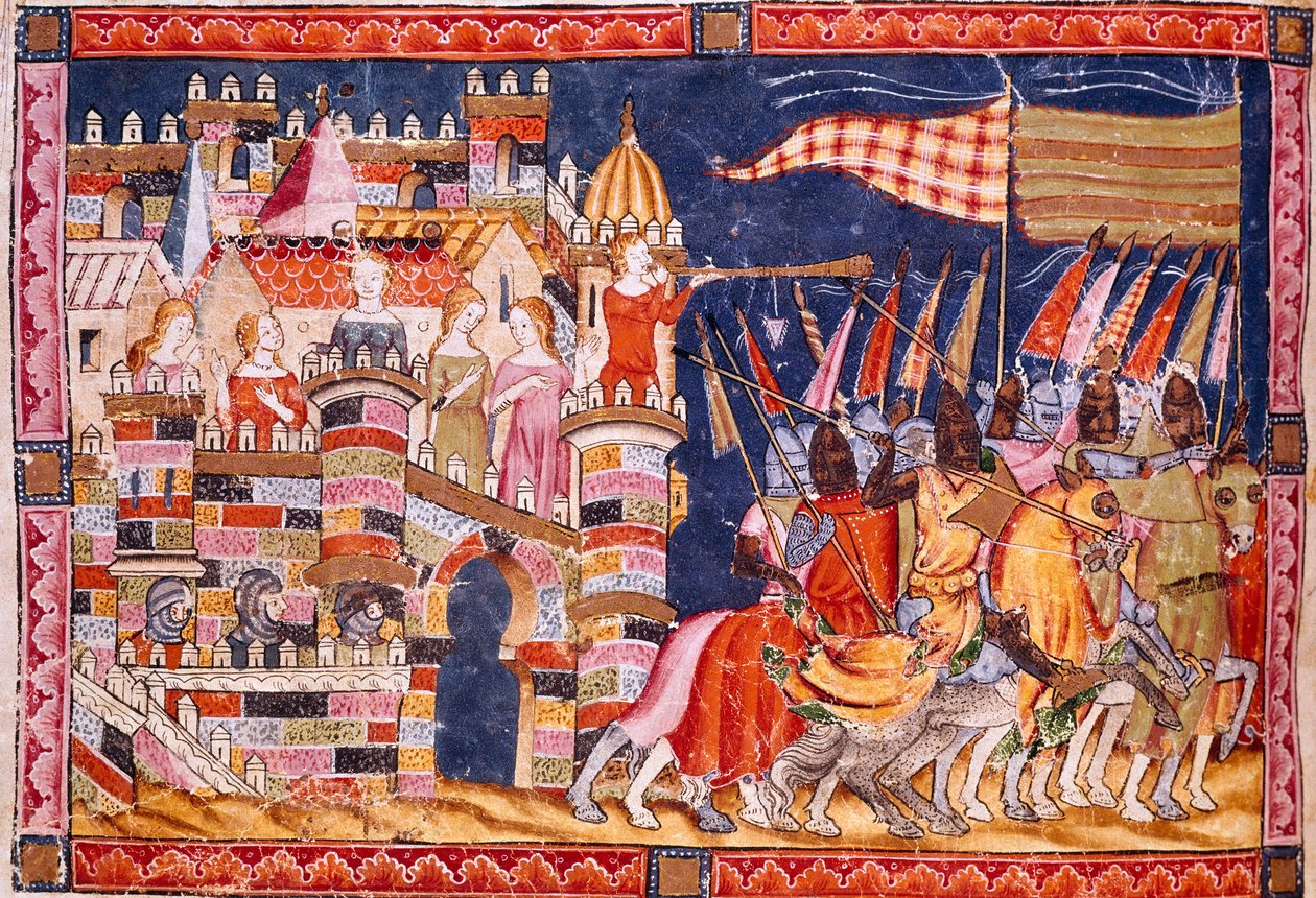 Trojská válka: město Trója a trojská armáda odcházející do bitvy. Detail miniatury ze španělského rukopisu „Codex Benito de Santa Mora““ od Spanish School