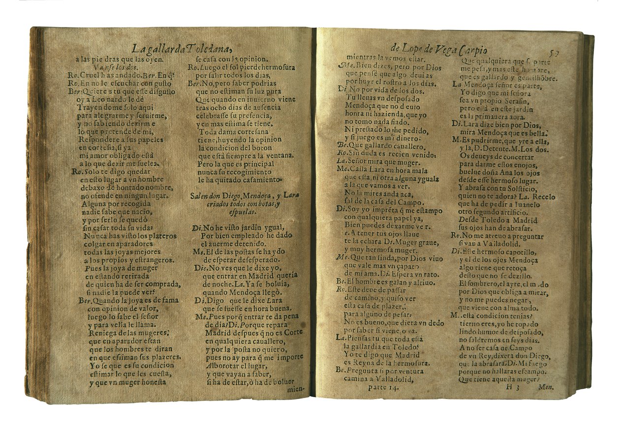 VEGA CARPIO, Felix Lope de (1562-1635). La gallarda toledana", komedie Lope de Vegy zařazená do sbírky "Parte catorze de las comedias de Lope de Vega", kterou v Madridu vydala vdova po Fernandu Correa Montenegro (1621). Fotografie. ŠPANĚLSKO. C od Spanish School