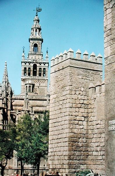Pohled na věž La Giralda a jednu z věží Reales Alcazares od Spanish School
