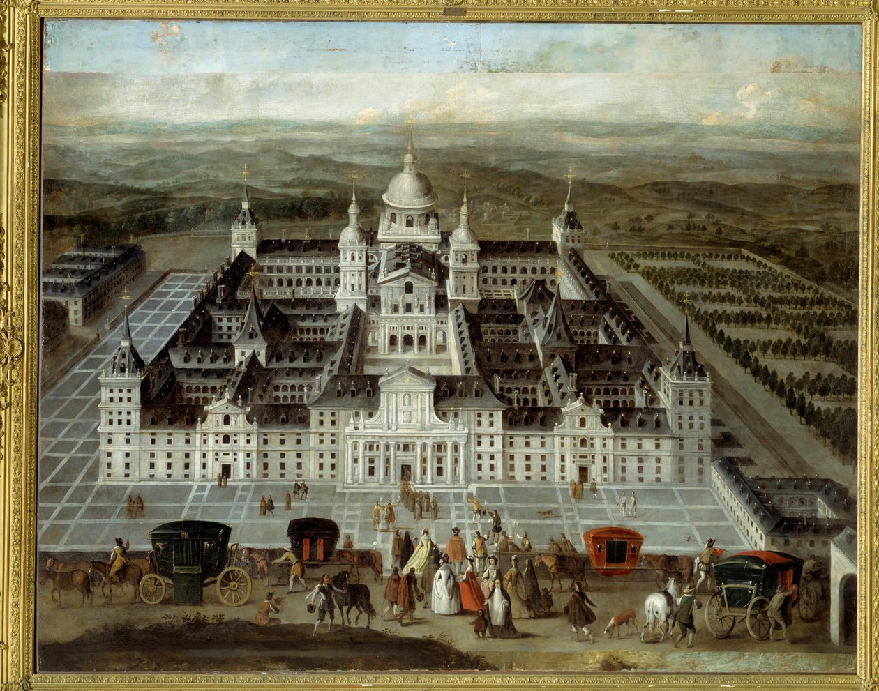 Pohled na palác Escorial ve Španělsku postavený Filipem II v 16. století. Anonymní španělské malířství 17. století. Olej na plátně. Rozměr: 1,89 x 2,41 m. od Spanish School
