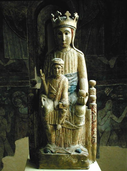 Panna a dítě, Katalánská škola, cca 1200 (polychromovaný kámen) od Spanish School