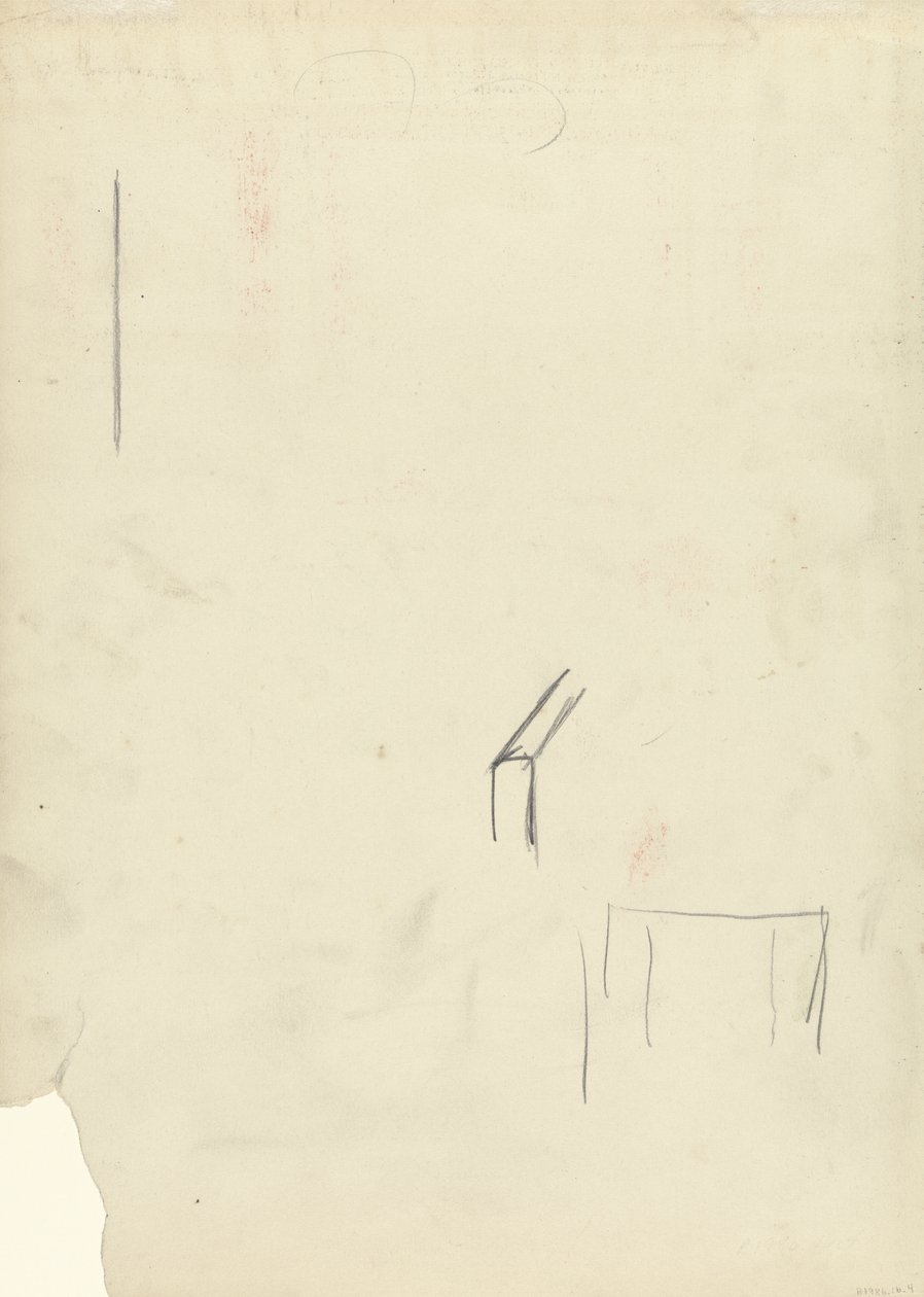 Náčrt tužkou neidentifikovatelného předmětu pro jeskyni Zlatého tele (grafit) (viz 265067 pro recto) od Spencer Frederick Gore