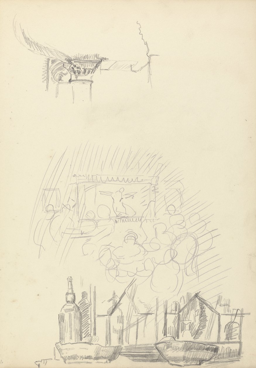 Náčrtky jeviště a baru, z jeskyně Zlatého tele (grafit) (viz 265063 pro druhou stranu) od Spencer Frederick Gore