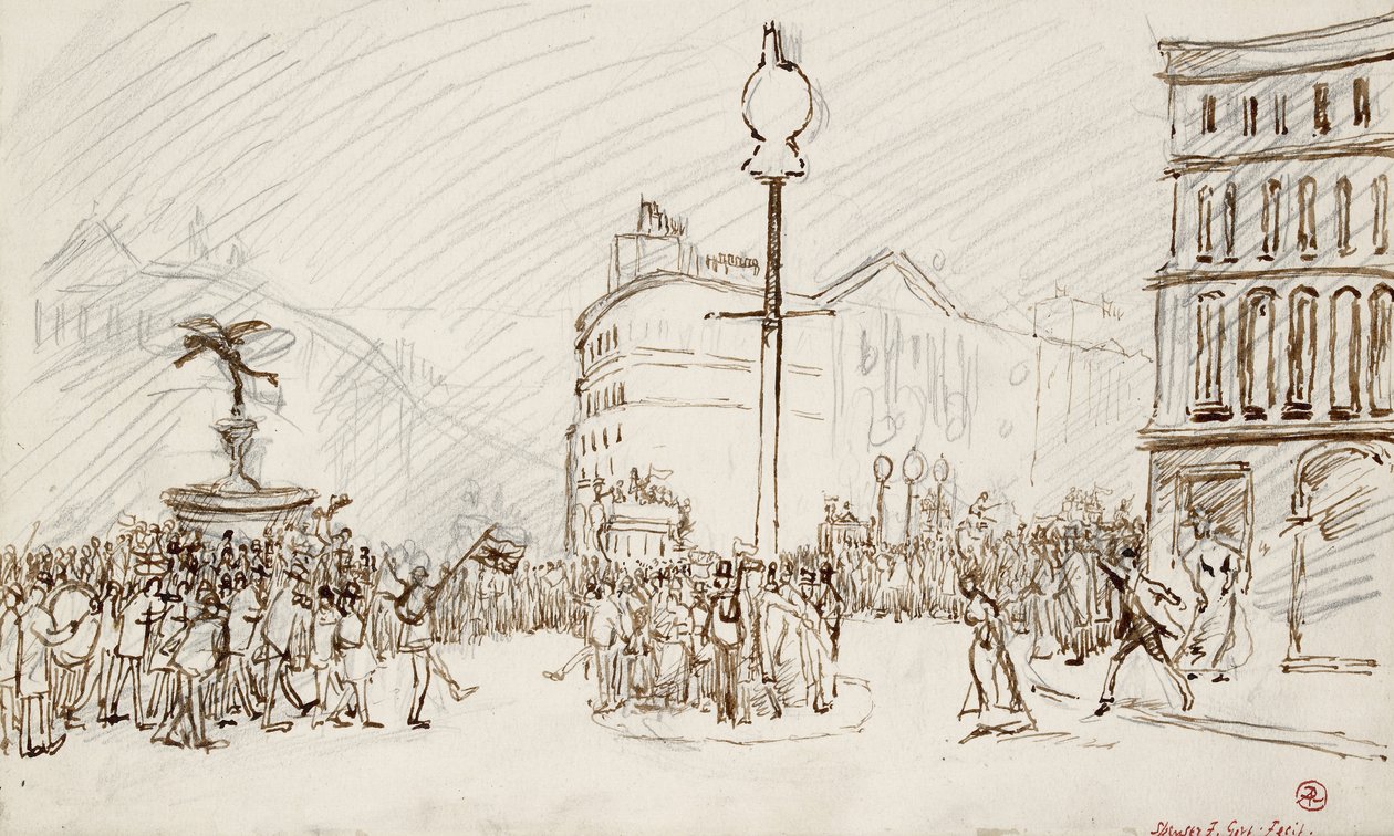 Pouliční scéna - Piccadilly Circus (pero a hnědý inkoust a grafit) od Spencer Frederick Gore