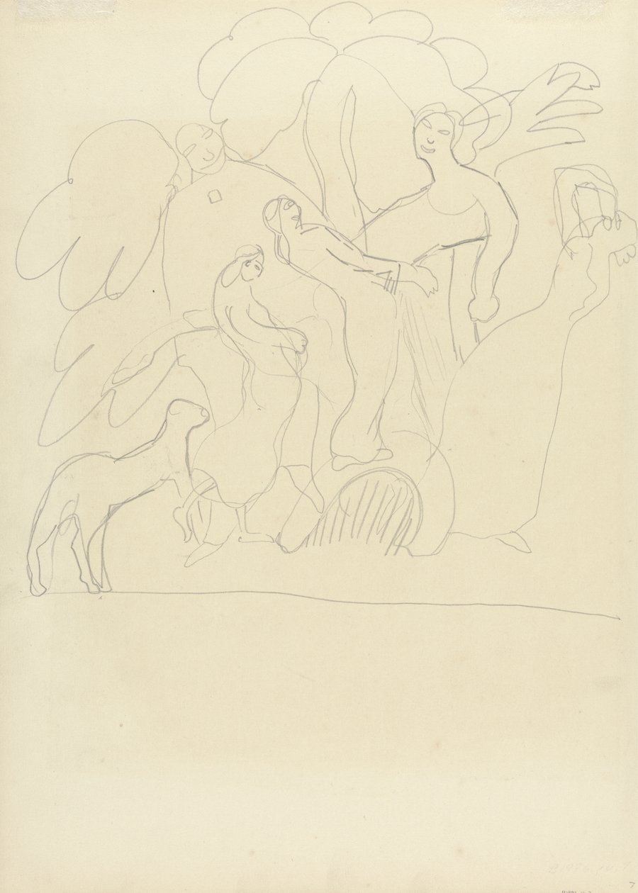 Studie ctitelů a tanečníků s teletem, pro jeskyni Zlatého tele (grafit) (viz 265073 na druhou stranu) od Spencer Frederick Gore