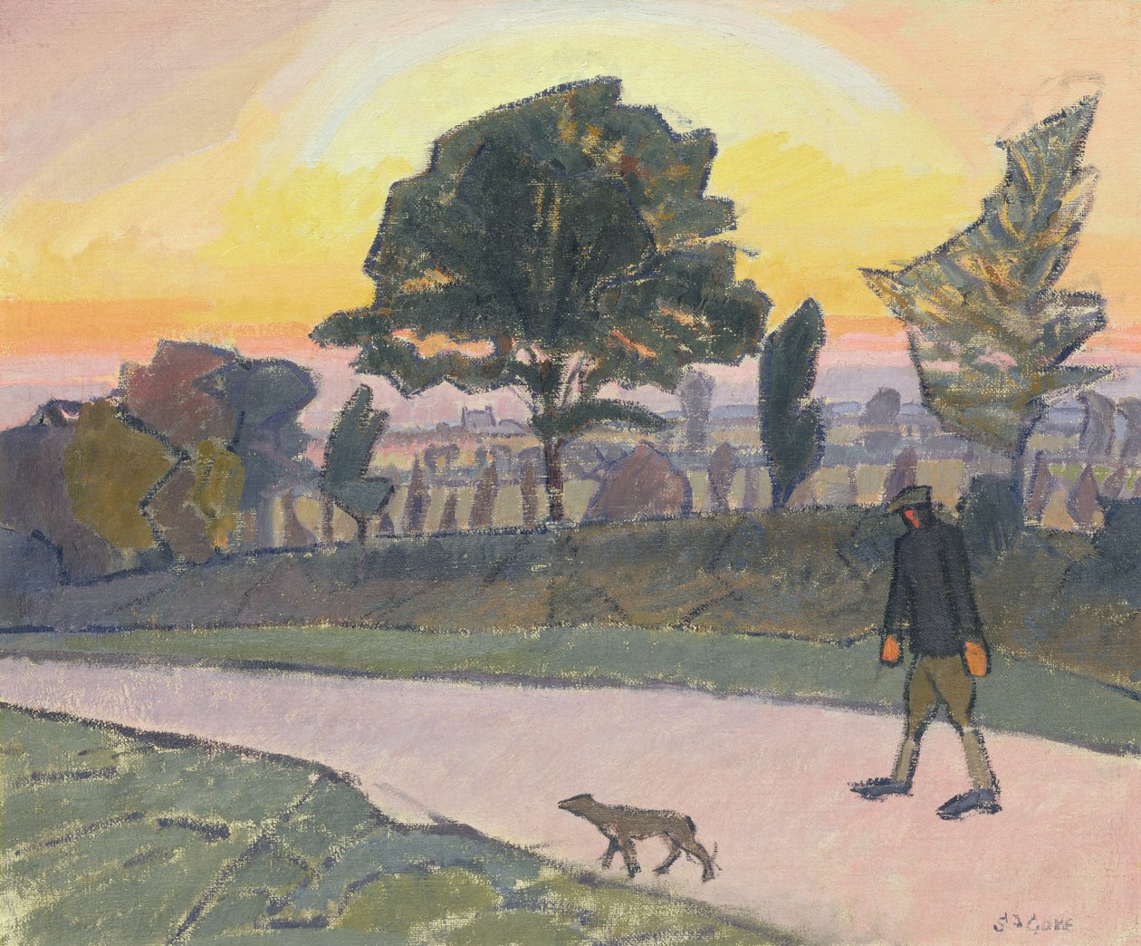 Západ slunce, Letchworth, s mužem a psem, 1912 od Spencer Frederick Gore