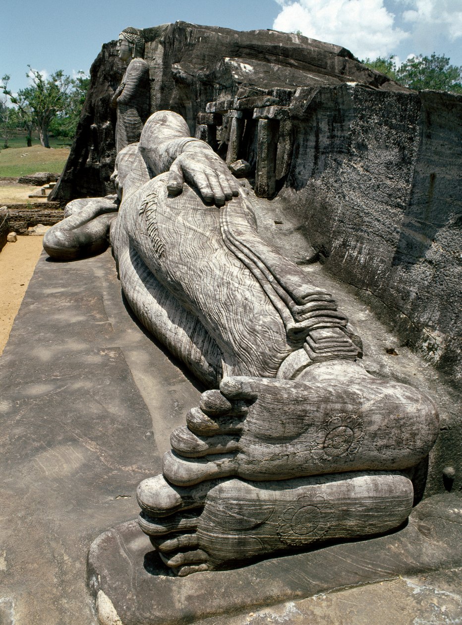 Ležící obraz, který znázorňuje Buddhovu parinirvánu, sochu, chrám Gal Vihara od Sri Lankan