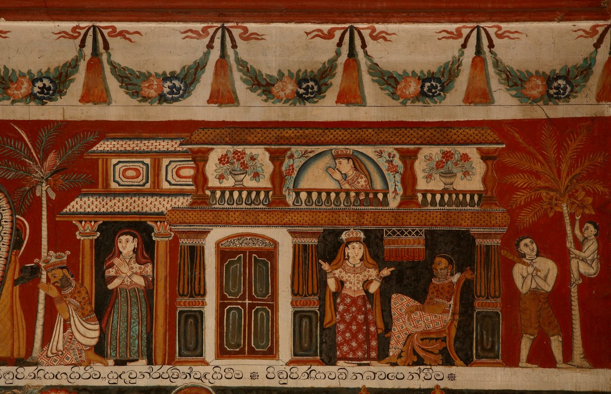 Nástěnná malba zobrazující singhálský dům v chrámu Subdharama, Dehiwala (nástěnná malba) od Sri Lankan School