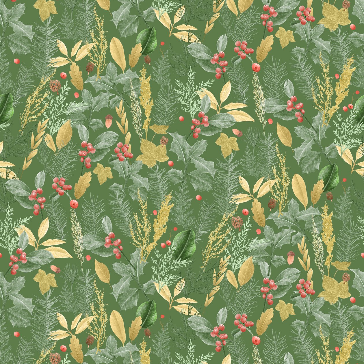 Holiday holly pattern dark, 2021 (grafitová tužka a digitální tisk) od Stacy Hsu