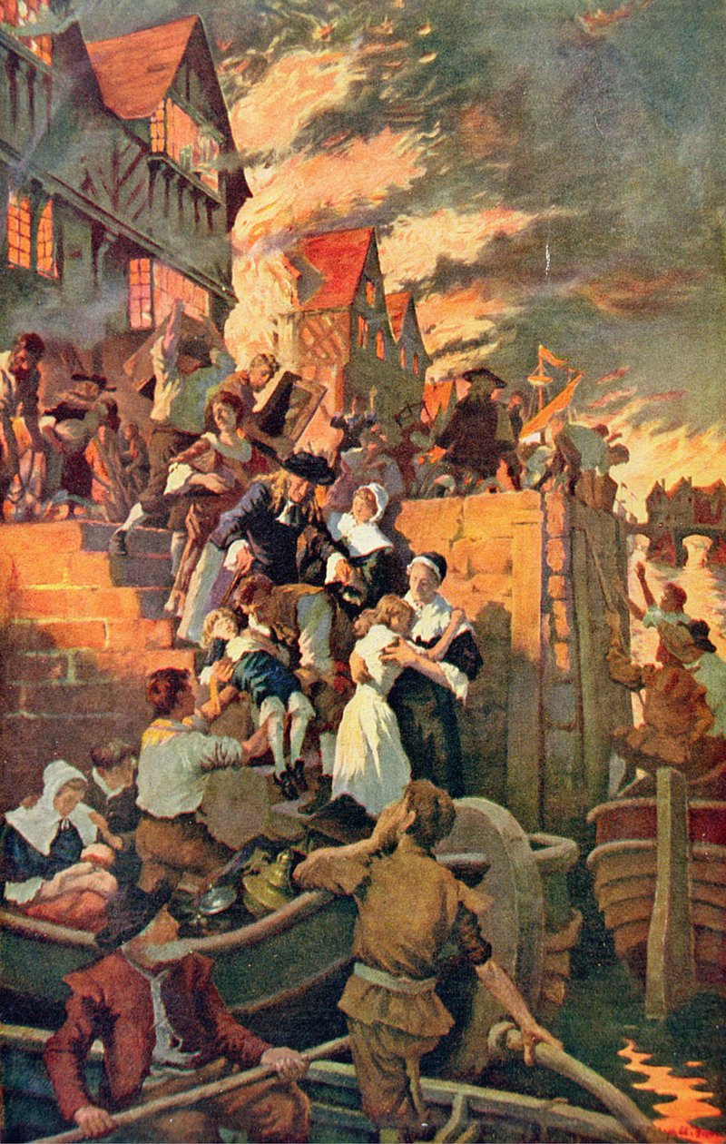 Velký požár Londýna v roce 1666, ilustrace z Hutchinsonovy knihy "The Story of the British Nation", cca 1920 (barevná litografie) od Stanhope Alexander Forbes