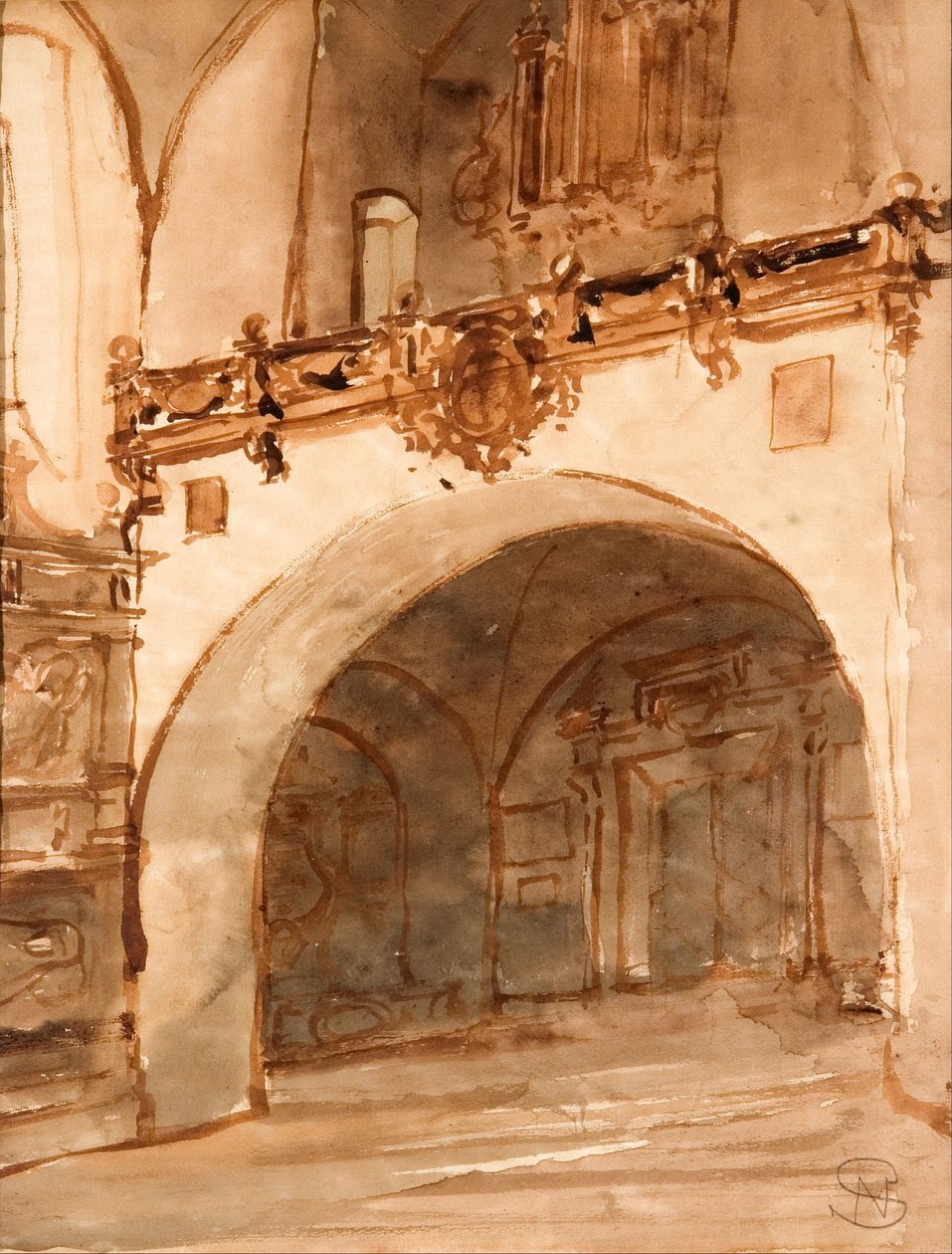 Interiér kostela. Pohled na verandu a hudební sbor od Stanisław Noakowski