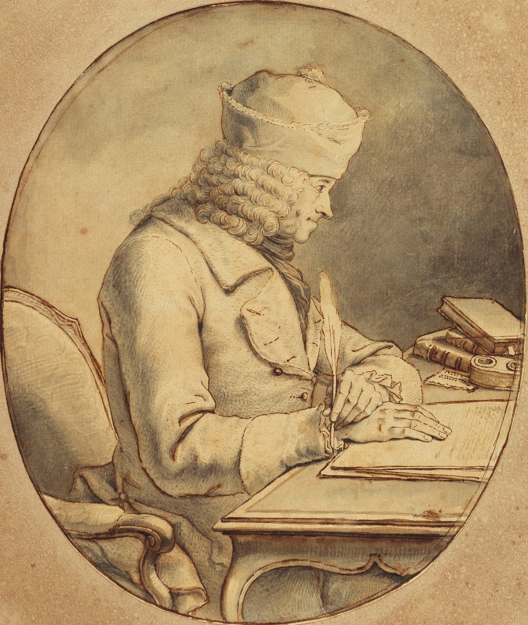 Voltaire seděl u stolu v čepici, z profilu vlevo, kolem 1765 od Stanislas Jean