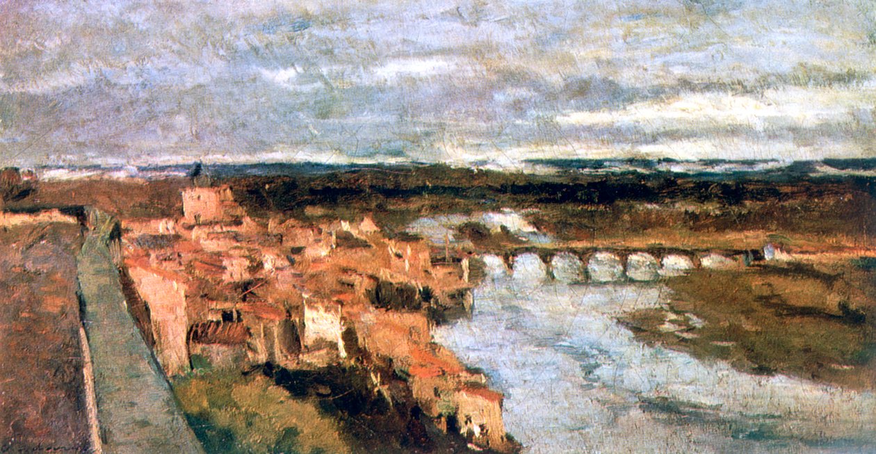 Krajina s vesnicí a mostem, c1855-1892 od Stanislas Lepine