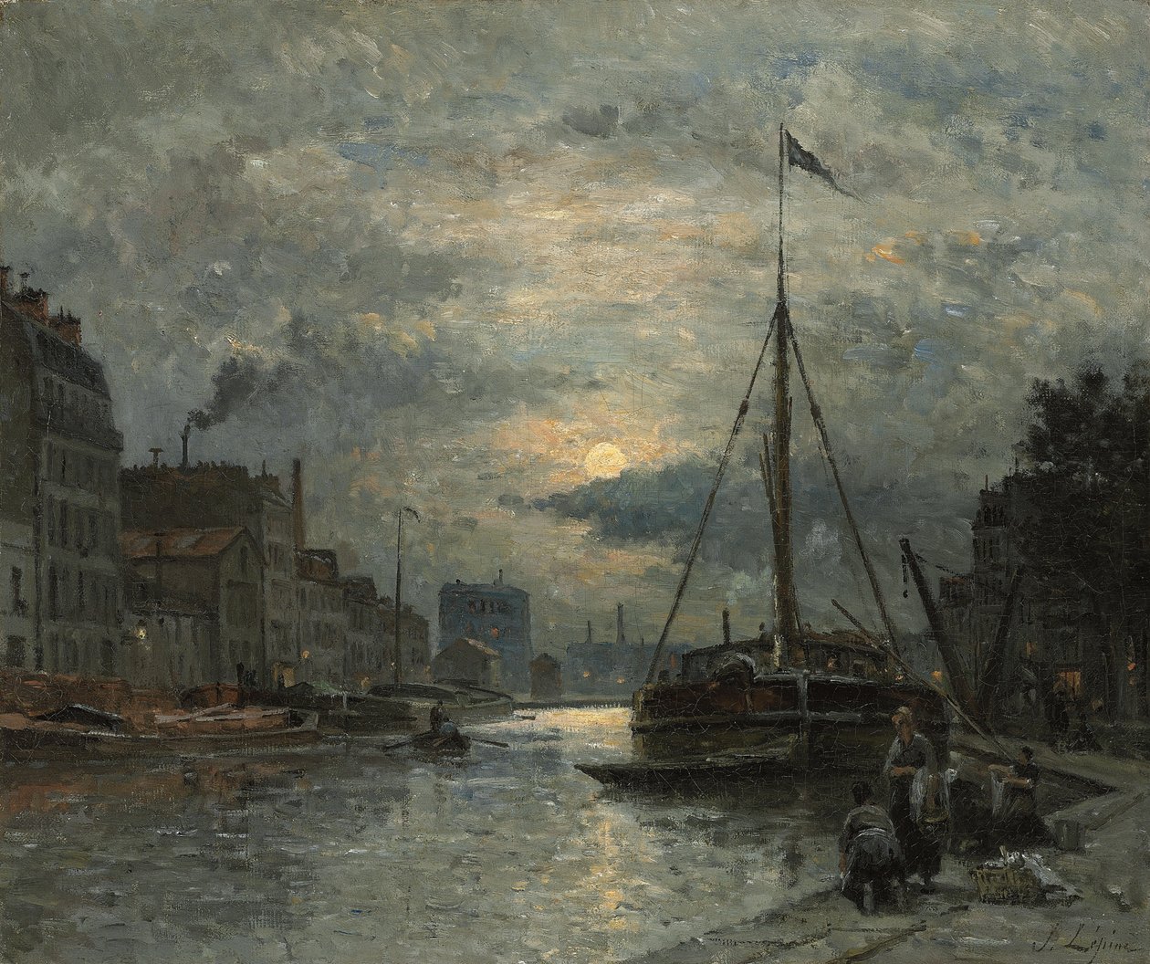 Kanál Saint-Martin za měsíčního svitu; Canal Saint-Martin by Moonlight, od Stanislas Victor Edouard Lepine