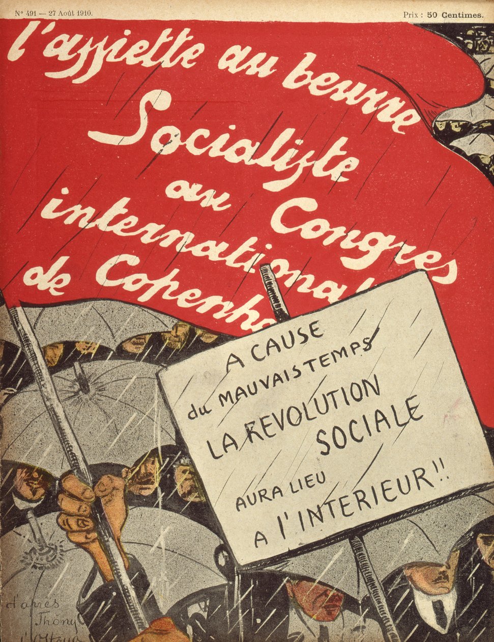 Kvůli špatnému počasí se sociální revoluce odehraje uvnitř, titulní strana z LAssiette au Beurre, 27. srpna 1910 (barevná rytina) od Stanislav Ostoja Chrostovski
