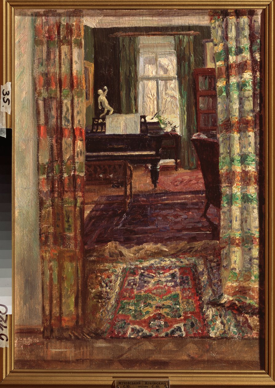 Interiér s klavírem. Obraz Stanislava Yulianoviče Žukovského (1873-1944), olej na plátně od Stanislav Joulianovitch Joukovski