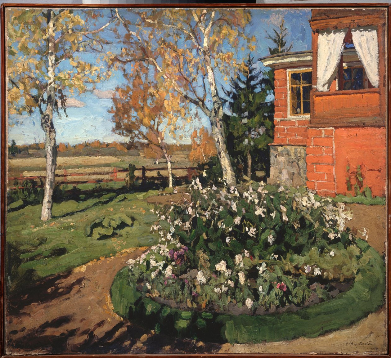 Květinový záhon. (Před domem a venkovskou krajinou). Obraz Stanislava Yulianoviče Žukovského (1873-1944), olej na plátně od Stanislav Joulianovitch Joukovski