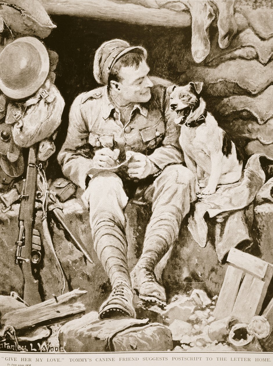 Dej jí mou lásku, Tommys Canine Friend navrhuje Postscript to the Letter Home, z War Illustrated, c. 1916 od Stanley L. Wood
