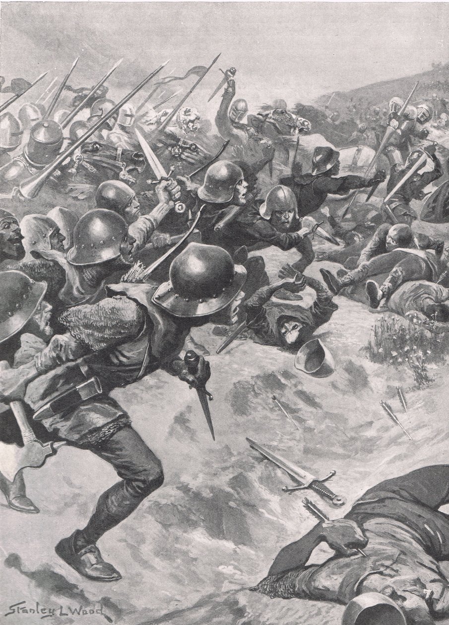 Lučištníci, kteří odevzdali své luky pro nože, krátkou sekeru a dýky, se smísili s kavalérií, ilustrace z 