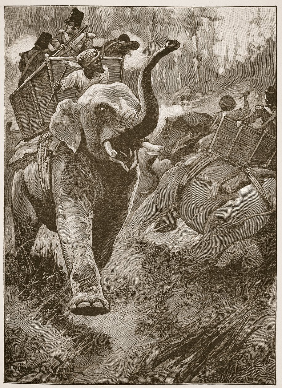 Vyděšení sloni se s rachotem vraceli lesem, ilustrace z knihy "Bitvy devatenáctého století" od Archibalda Forbese, G. A. Hentyho a majora Arthura Griffithse. od Stanley L. Wood