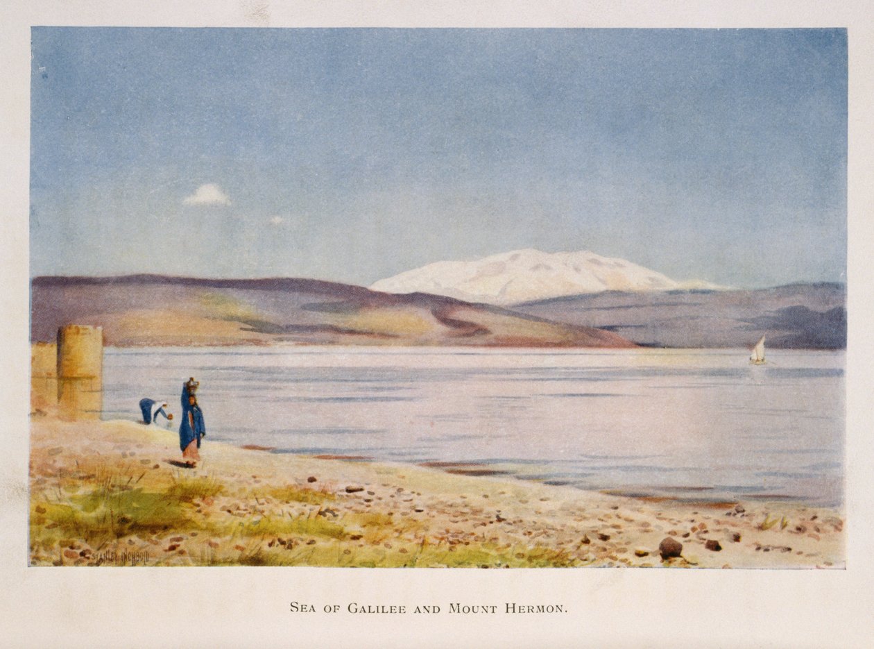 Galilejské jezero směrem k hoře Hermon (v Sýrii), Palestina 1906 od Stanley Inchbold